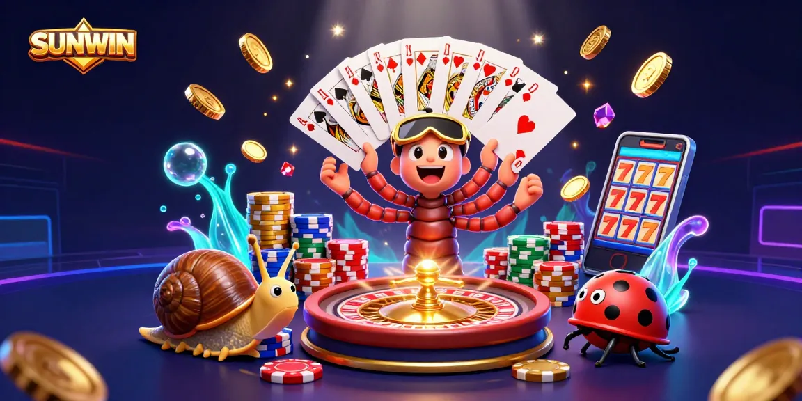 SUNWIN showcases an exciting casino scene with a millipede dealer and high roller snail amidst shimmering coins and colorful chips.