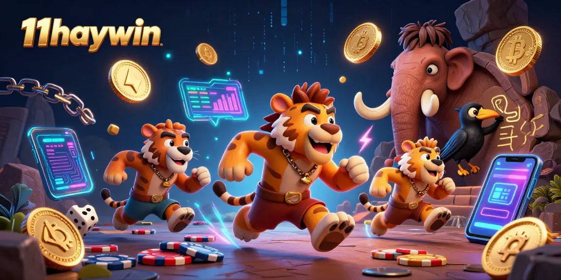 Experience the thrilling atmosphere of 11haywin with cartoon characters in a vibrant prehistoric casino scene.