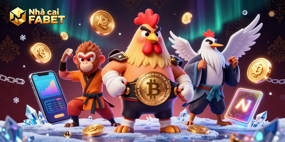 Engage with Nhà cái FABET through a vibrant 3D scene featuring unique characters and crypto elements.