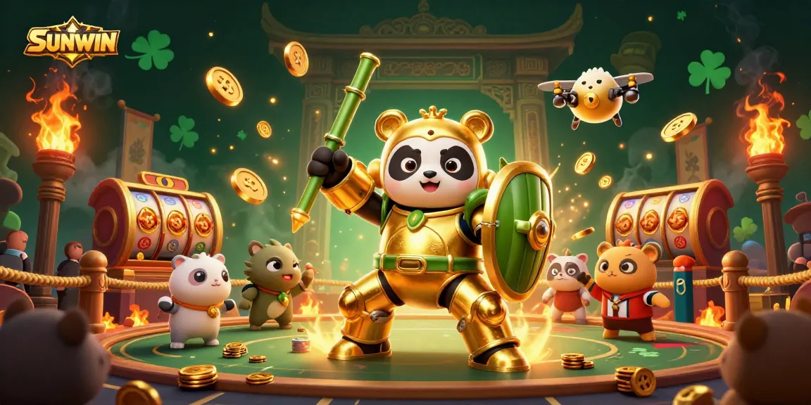 SUNWIN showcases a vibrant casino scene with a golden panda pilot in an action-packed arena, surrounded by cheering animals.