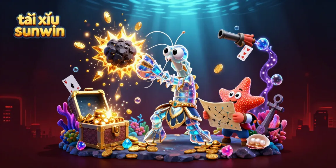Tài xỉu sunwin gameplay featuring a galactic mantis shrimp bursting through an asteroid into golden gems.