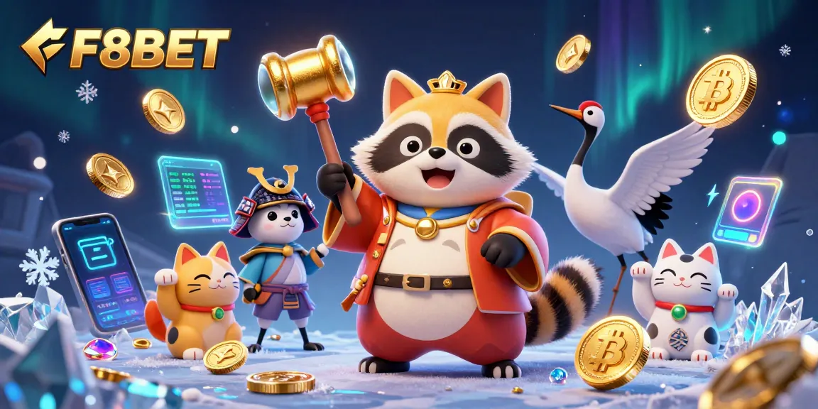 Engage with F8BET's vibrant casino scene featuring a cheerful tanuki and samurai crane.