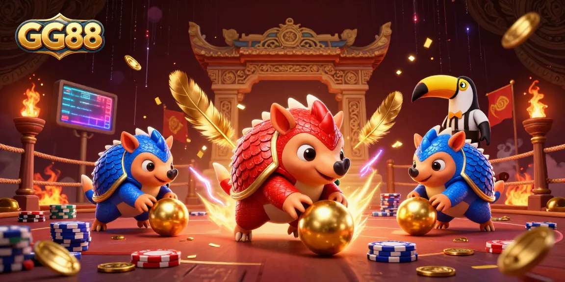 GG88 pangolins battle through poker chips in a vibrant casino scene.
