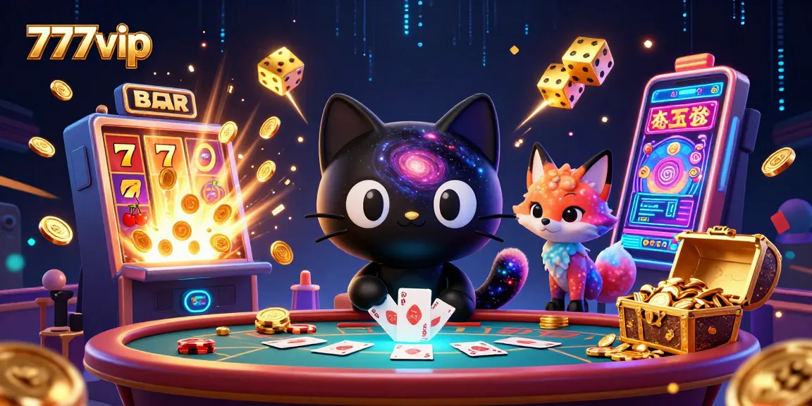 Join the excitement of 777vip as a black hole cat attracts golden chips and cards at a vibrant casino table.
