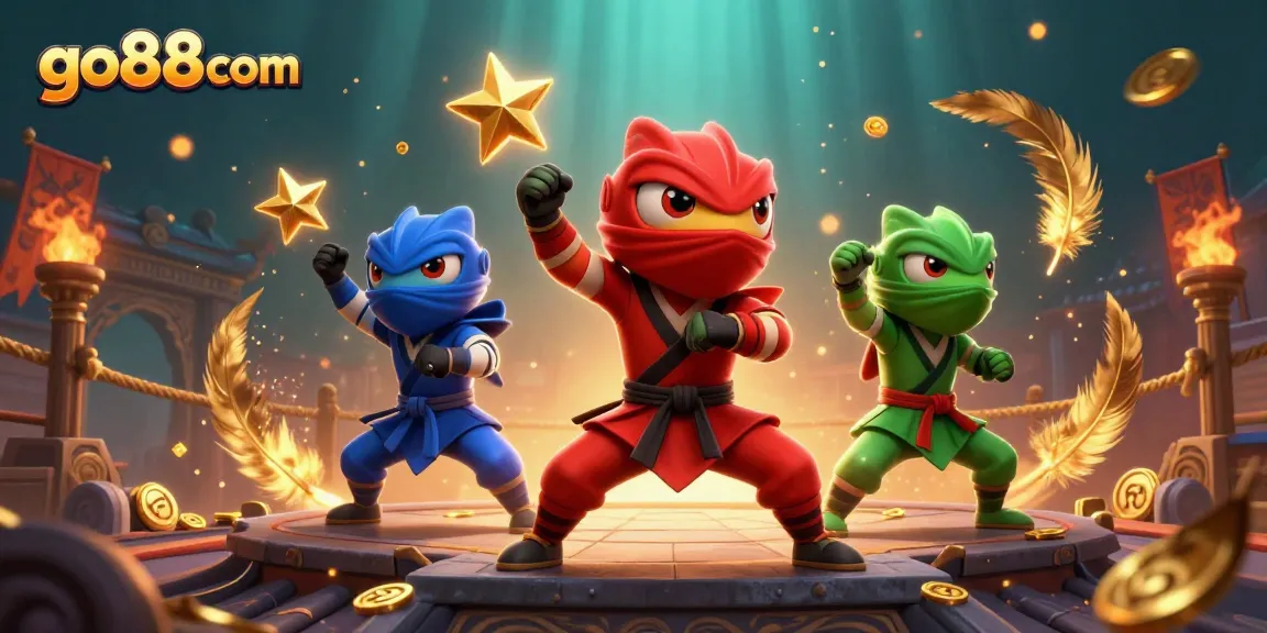 Engage in thrilling adventures at go88com with chameleonic ninjas showcasing martial arts amidst a vibrant casino scene.