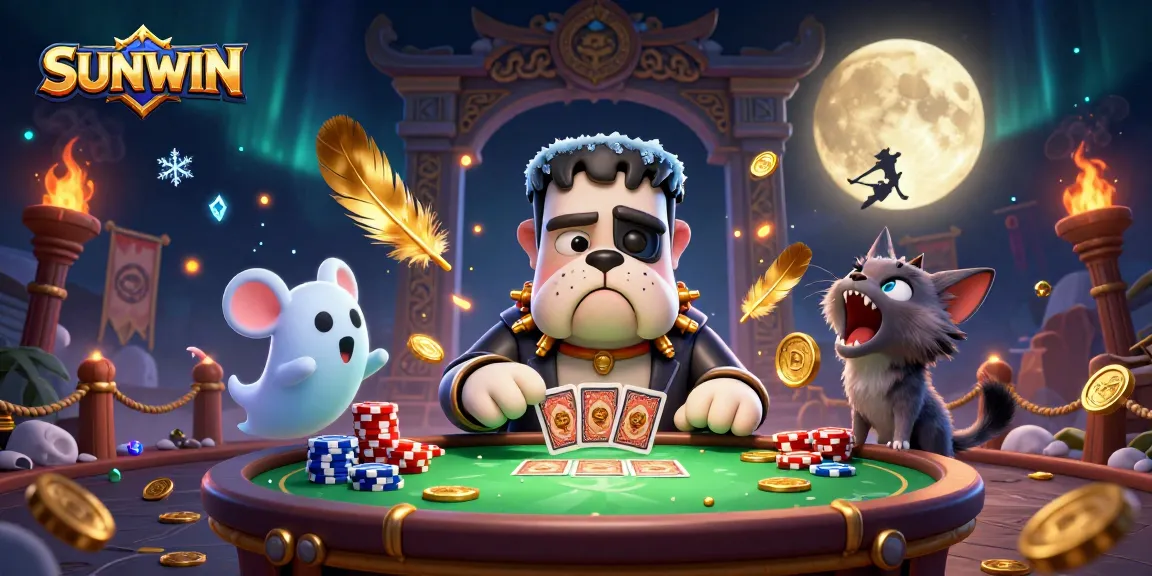 SUNWIN casino scene with a cartoon bulldog dealing cards at a haunted table with a ghost mouse floating through chips.