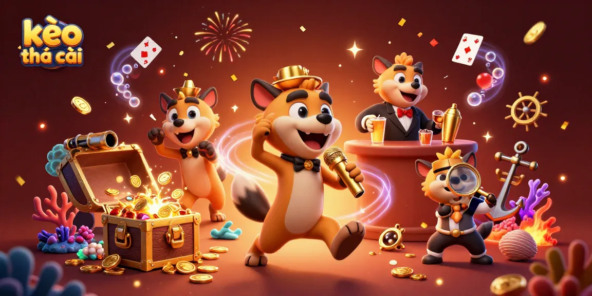 Engaging depiction of kèo nhà cái featuring cartoon hyenas in a vibrant casino scene with elements of fun and gambling.