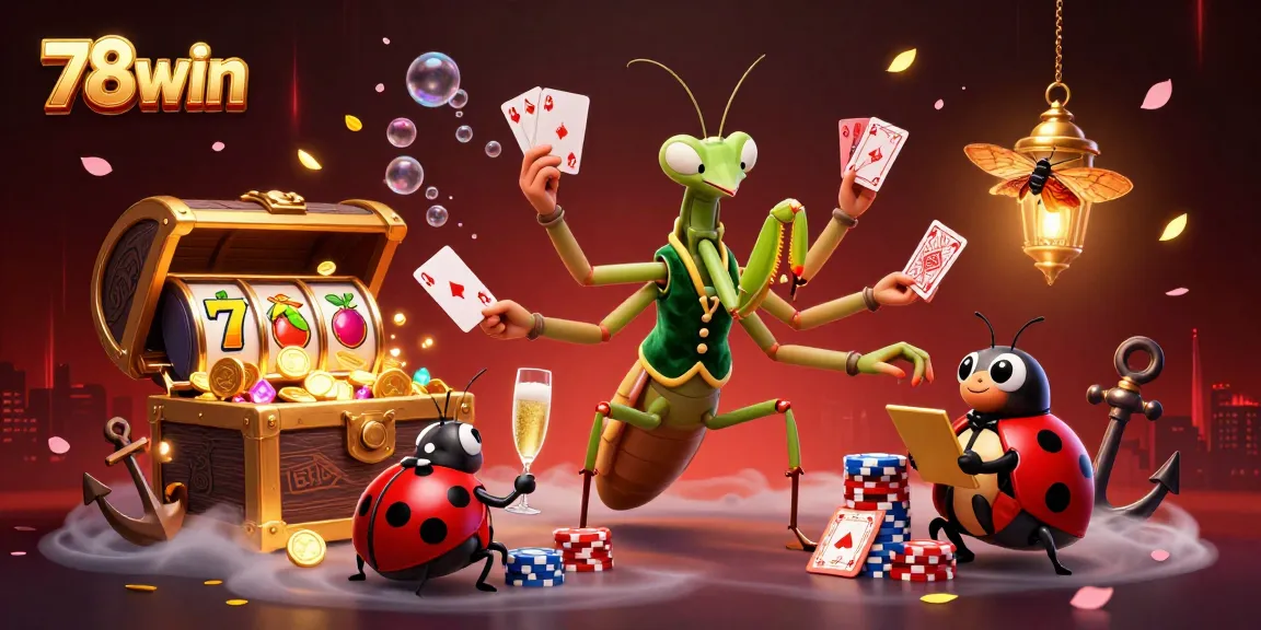 Engage with 78win as a giant praying mantis dealer shuffles cards and pours champagne in a vibrant casino setting.