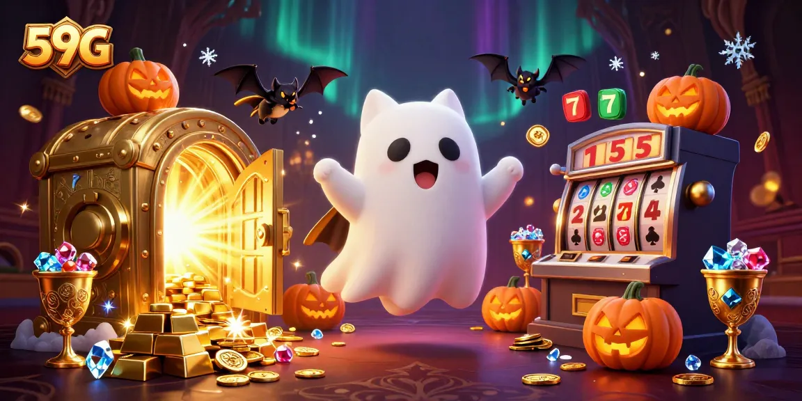 Play thrilling games at 59G, showcasing a ghost cat in a haunted casino!
