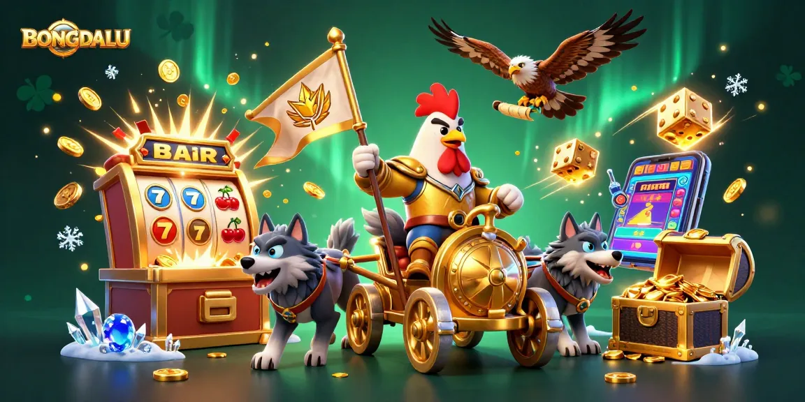 BONGDALU features a 3D rooster warlord in a golden chariot amidst casino excitement with jackpots and flying symbols.