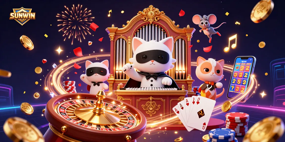 SUNWIN invites players to a vibrant casino scene filled with cascading coins and rich game elements.