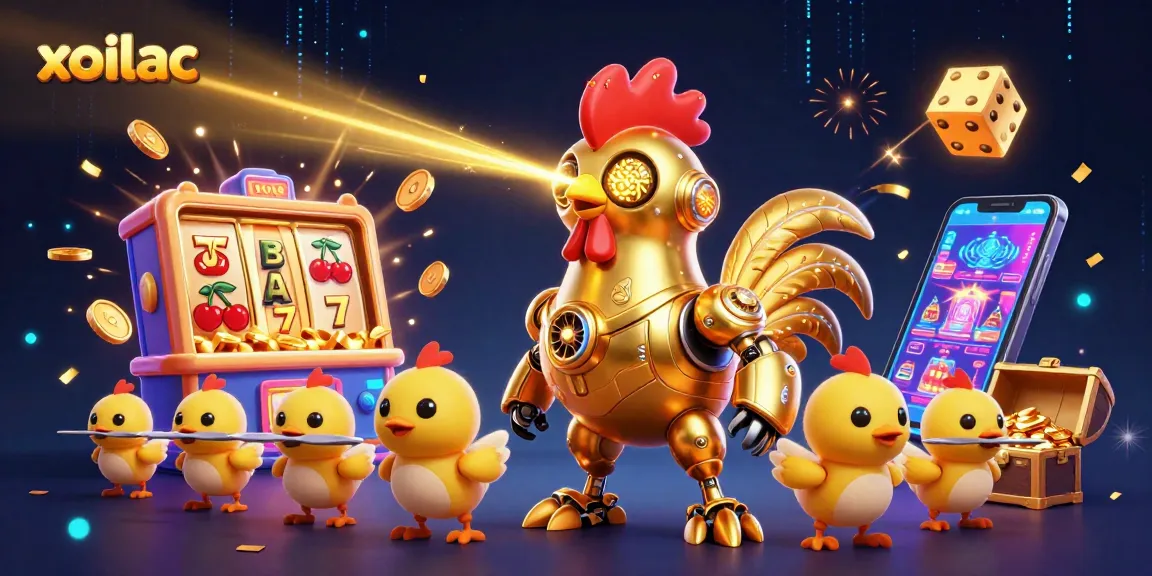 Watch the xoilac golden rooster robot blasting through a colorful gambling scene filled with dynamic elements.
