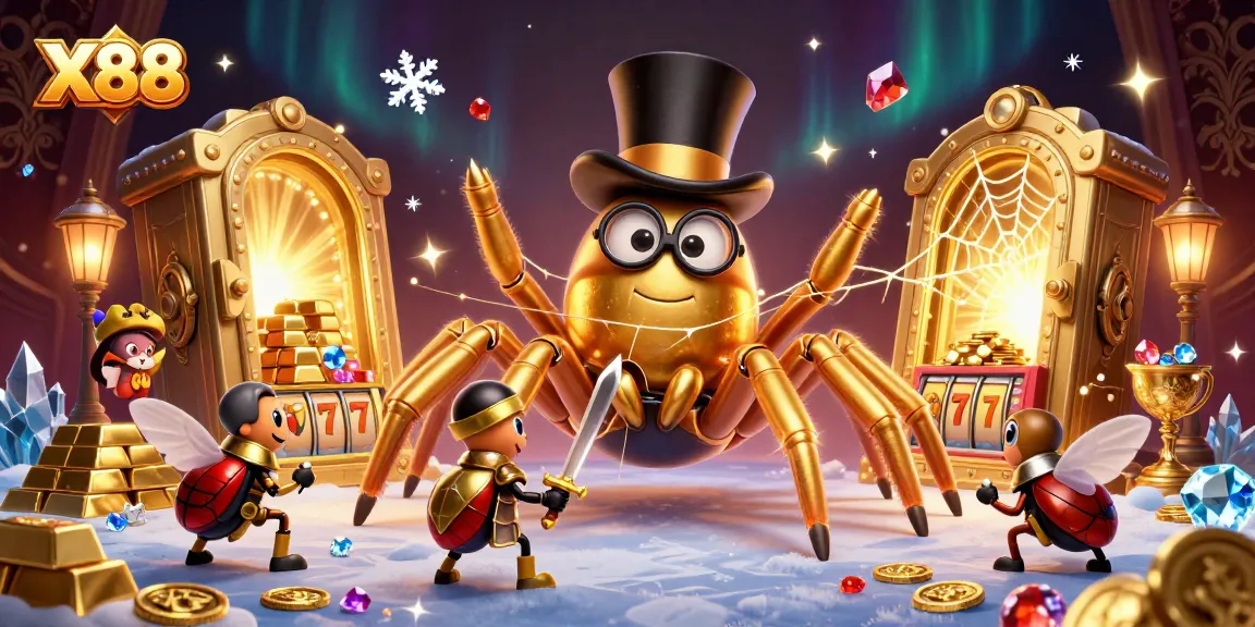 Engage in thrilling gameplay with X88 as a golden tarantula and brave beetle knight come alive in a dynamic casino scene.
