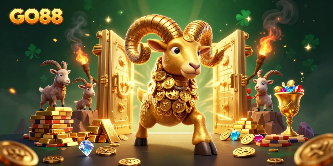 Engage in thrilling action at GO88, where the golden ram symbolizes prosperity amidst a vibrant casino scene filled with treasures.