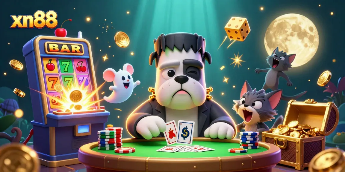 Experience the excitement at xn88 with a lively casino scene featuring unique characters and vibrant gaming elements.