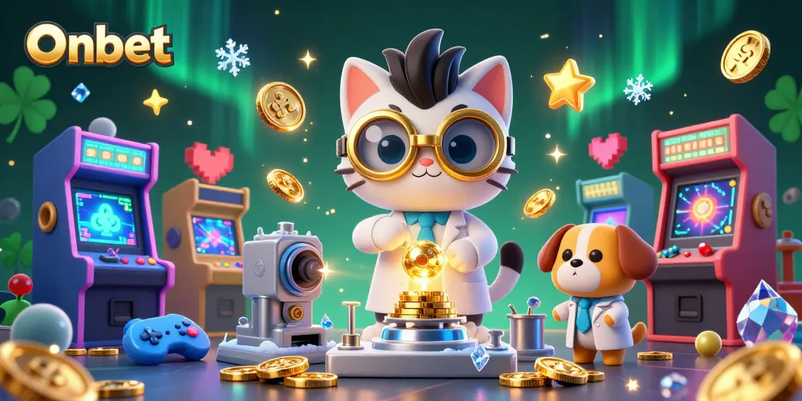 Join Onbet's mad scientist cat in a vibrant casino lab, creating gold coins surrounded by exciting gaming elements.