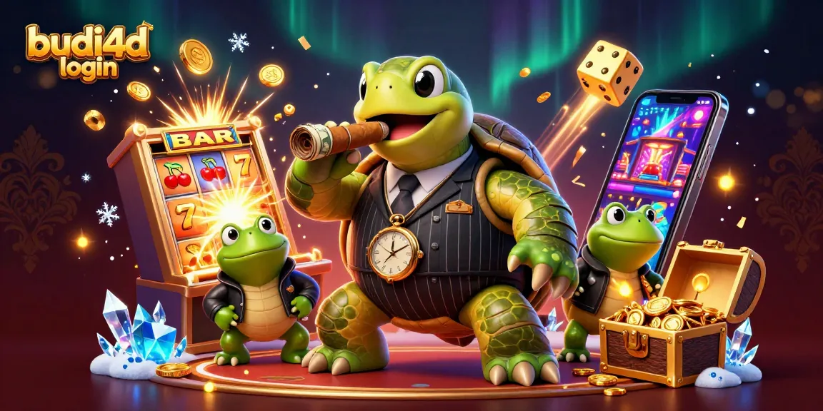 Experience budi4d login with a vibrant 3D casino scene featuring a snapping turtle and bullfrog enforcers celebrating huge wins.