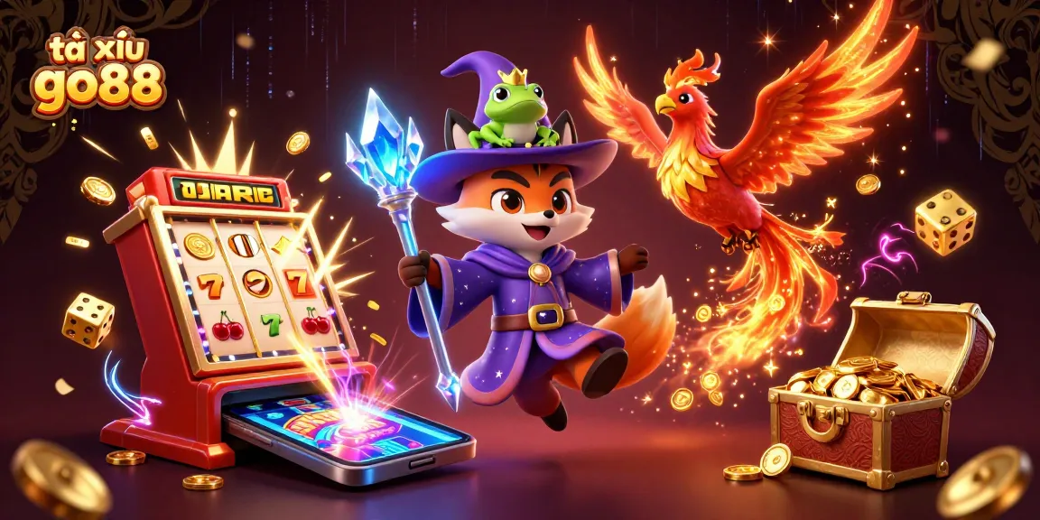 Engage in exciting tài xỉu go88 gameplay with a magical wizard fox, phoenix, and wealth symbols.