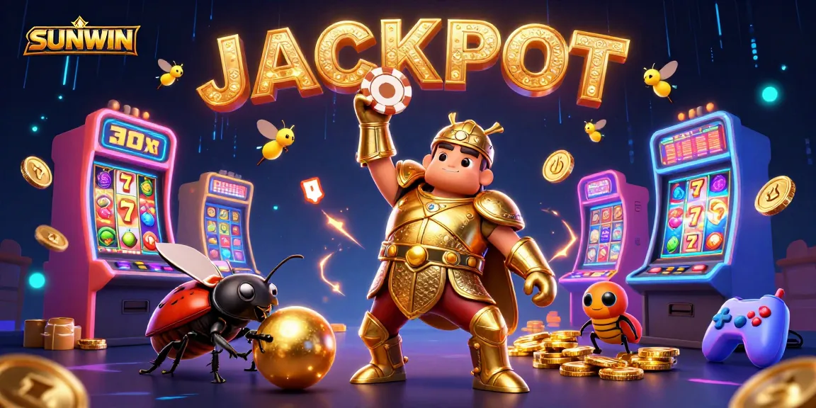 SUNWIN offers thrilling casino adventures; 3D hercules beetle celebrates victory with a jackpot.