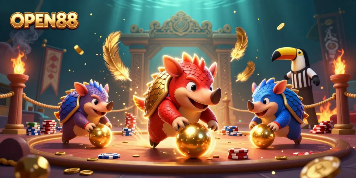 Witness OPEN88 pangolins competing in a vibrant, 3D casino duel surrounded by poker chips.