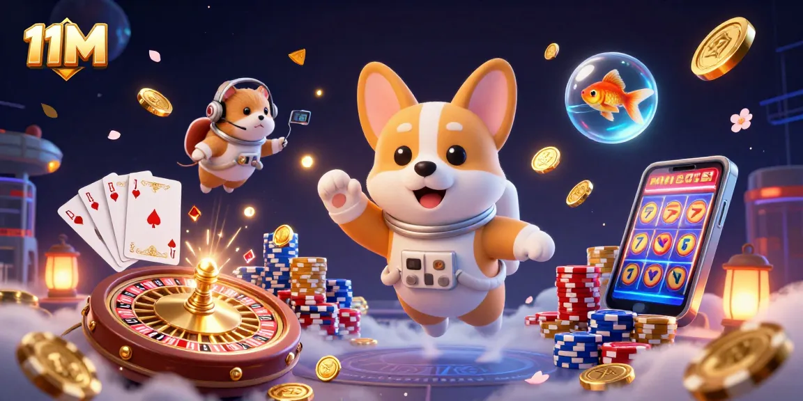 Experience thrilling gameplay with 11M as a cartoon corgi astronaut explores a space casino
