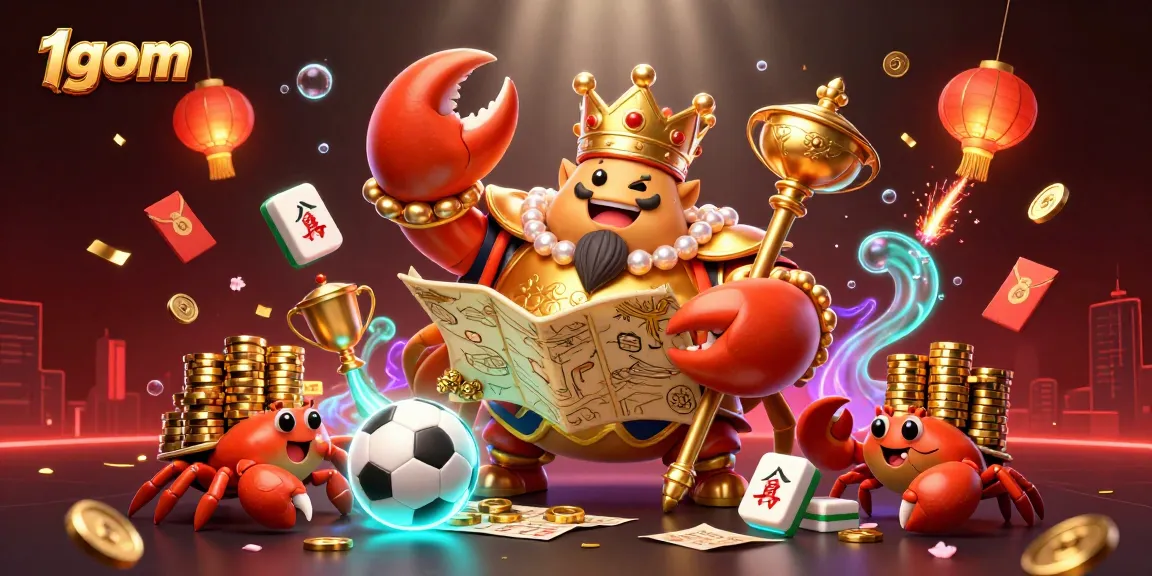 Action-packed 1gom casino scene featuring a golden crab emperor and dynamic sports betting elements.