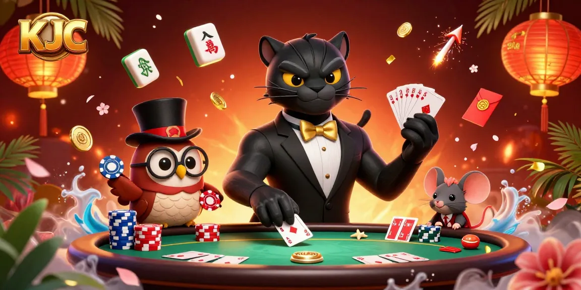 KJC showcases a stylish panther dealing cards with poker chips, surrounded by festive gambling elements.