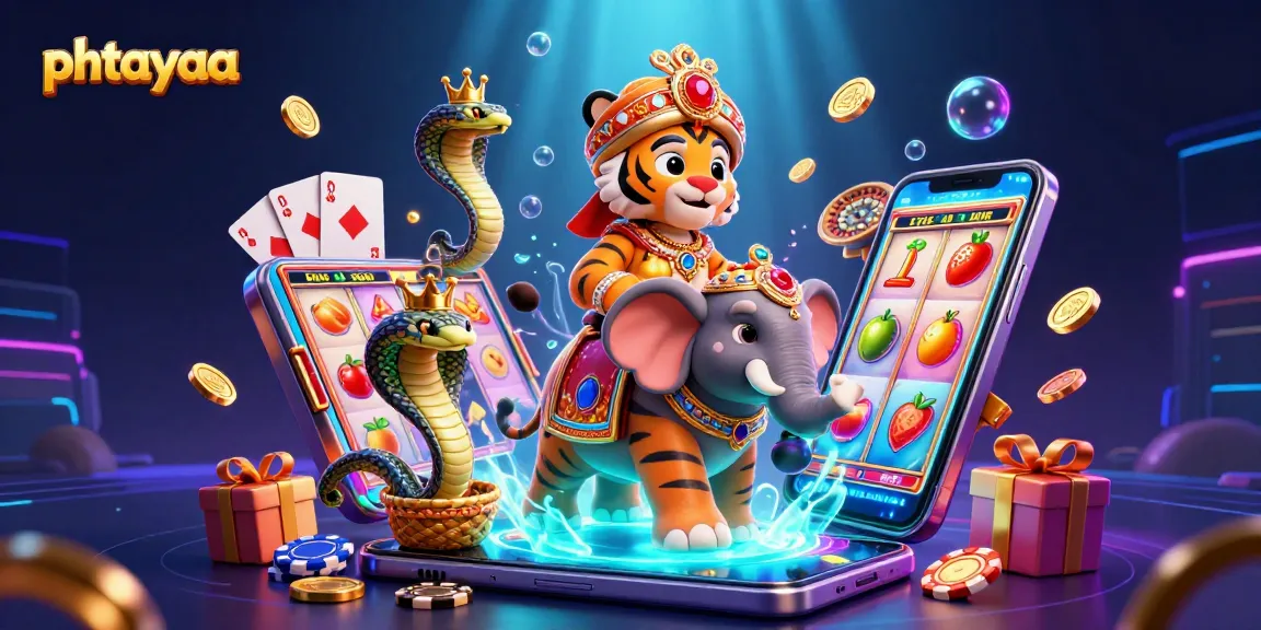 Phtayaa showcases a vibrant casino scene with a maharaja tiger, slot games, and golden coins erupting.