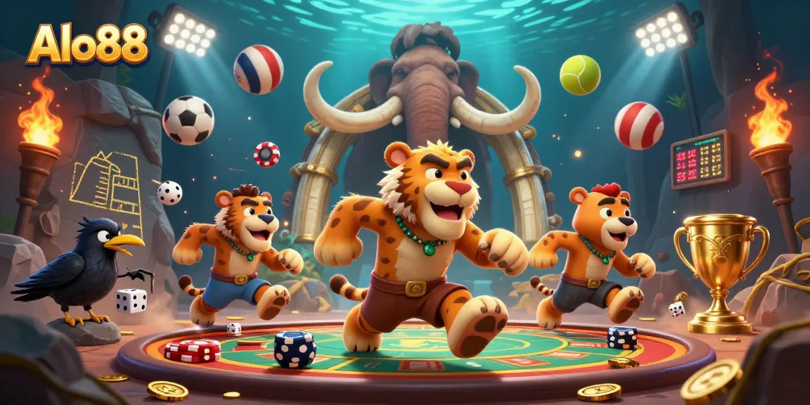 Experience the exciting world of Alo88 with cavemen and sports elements in a prehistoric casino setting.