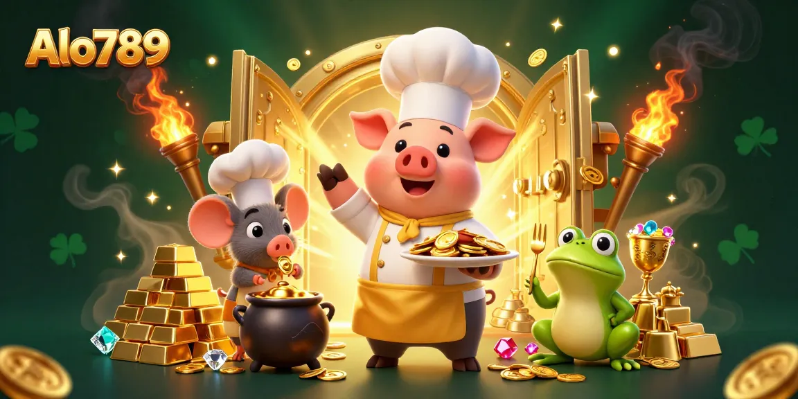 Alo789 players winning coins in a vibrant casino scene with a chef pig and mouse