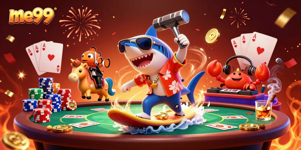 Experience the thrill of me99 with a vibrant casino scene showcasing fun characters and poker elements.