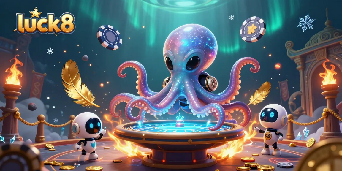 Engage in thrilling gaming at luck8 with a lively alien octopus at a holographic poker table.