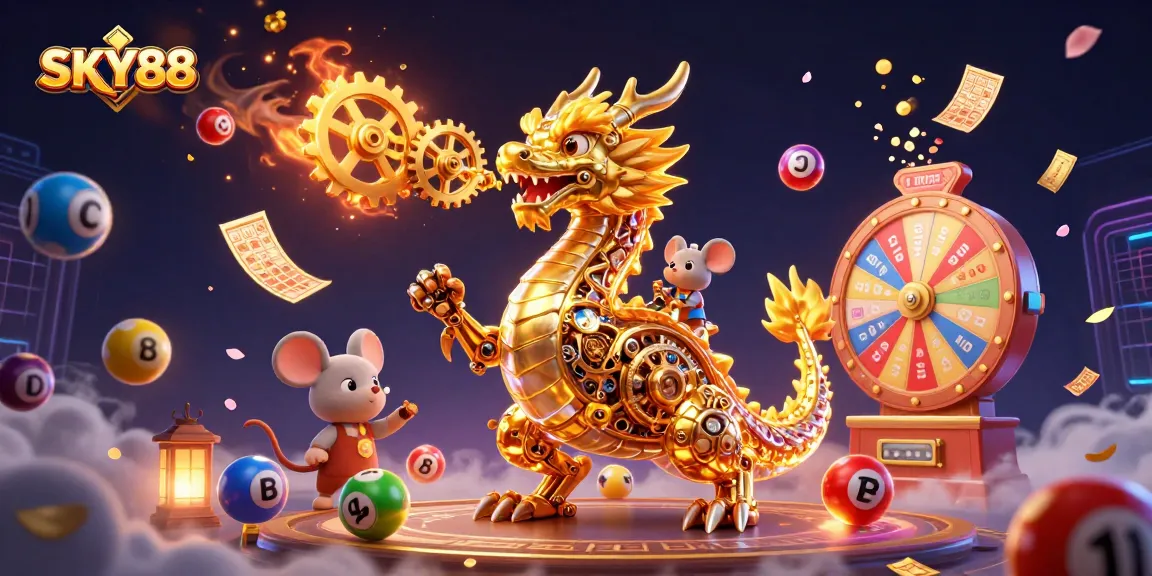 Engage with exciting SKY88 gaming as a golden dragon and engineer create a vibrant lottery scene.
