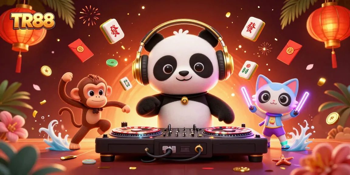 Join the excitement at TR88 with a DJ panda, dancing monkey, and rave kitten amid vibrant casino elements.