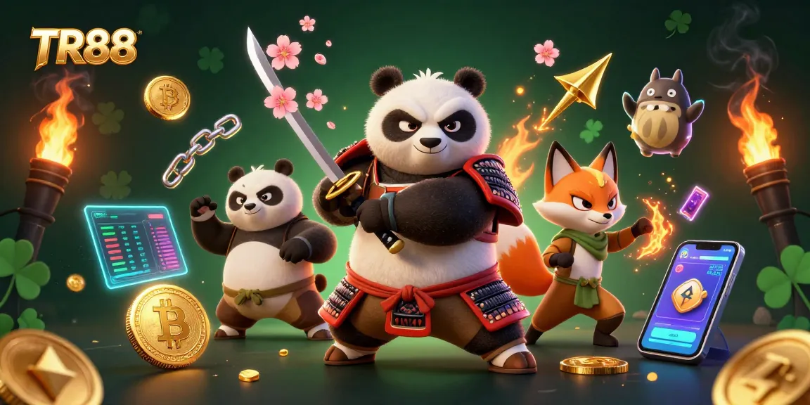 Experience TR88 excitement with a vibrant 3D illustration of a samurai panda and ninja fox in action.