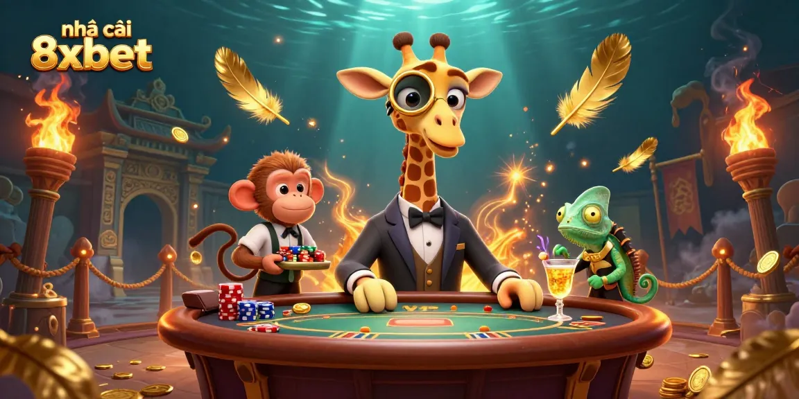 Experience the excitement of nhà cái 8xbet with a vibrant 3D illustration featuring casino characters and dynamic game elements.