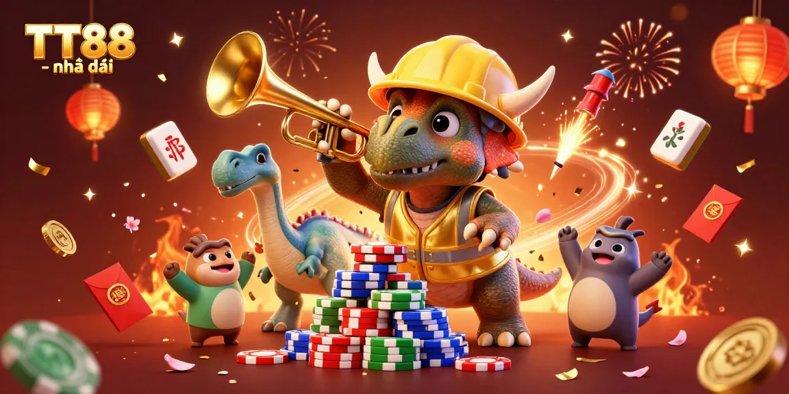 Engaging TT88 - nhà cái scene with a triceratops and parasaurolophus celebrating, surrounded by casino elements.