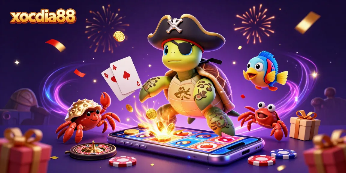 Xocdia88 showcases a vibrant casino scene with a pirate turtle, crab, and parrotfish around colorful gaming elements.