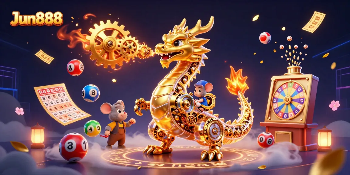 Engage in thrilling gaming experiences with Jun888 featuring a golden dragon, lottery elements, and vibrant atmosphere.
