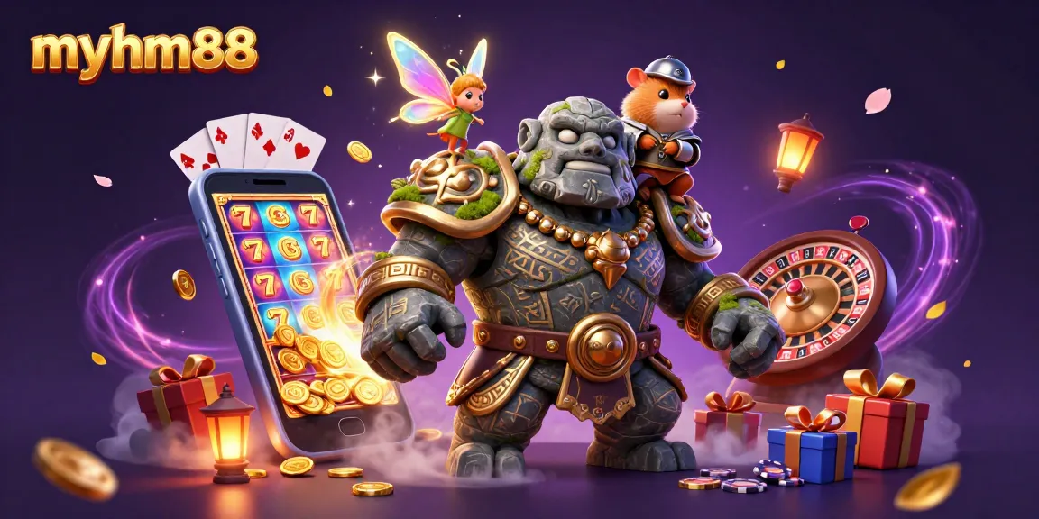 Spin and win at myhm88 with vibrant slots and magical gaming characters in this captivating illustration.
