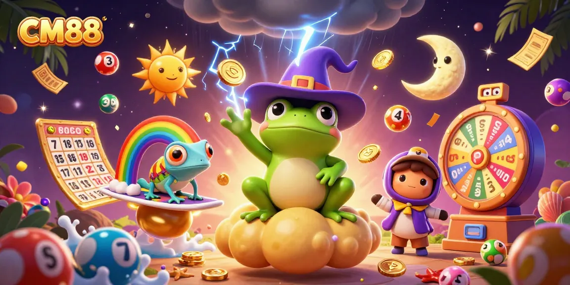 Experience CM88's vibrant casino magic with a wizard frog and chameleon amidst a thrilling prize scene.