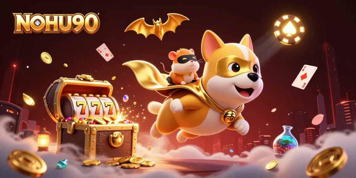 Engage in winning excitement with NOHU90 as a superhero dog flies with coins amidst thrilling slots.