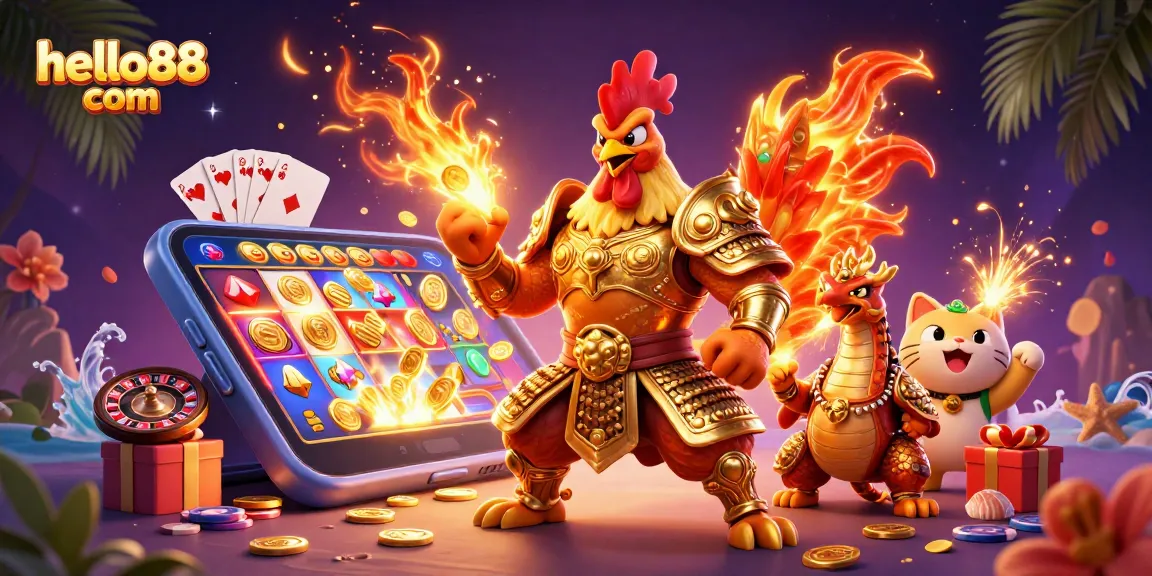 Experience the excitement of hello88 com as a golden rooster warrior battles alongside a dragon hatchling in this vibrant casino-themed illustration.