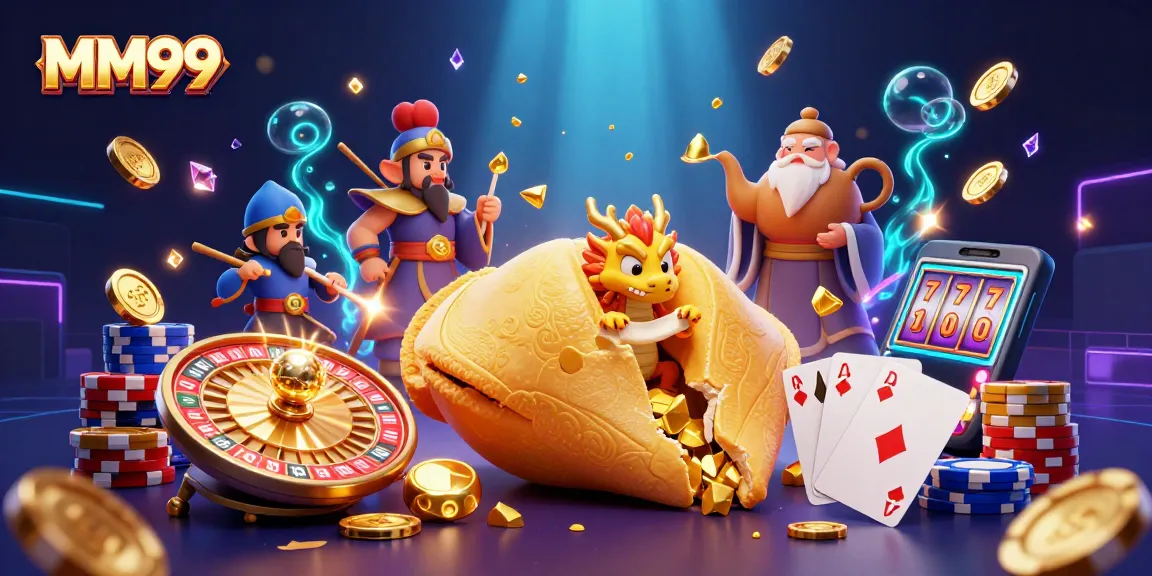 Experience MM99's vibrant casino world with spinning roulette and golden treasures in this rich digital illustration.