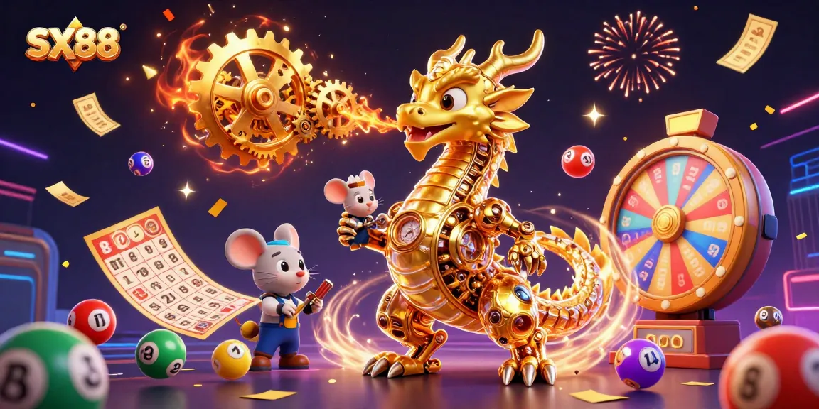 Experience SX88's thrilling atmosphere with vibrant lottery elements and a dynamic golden dragon.