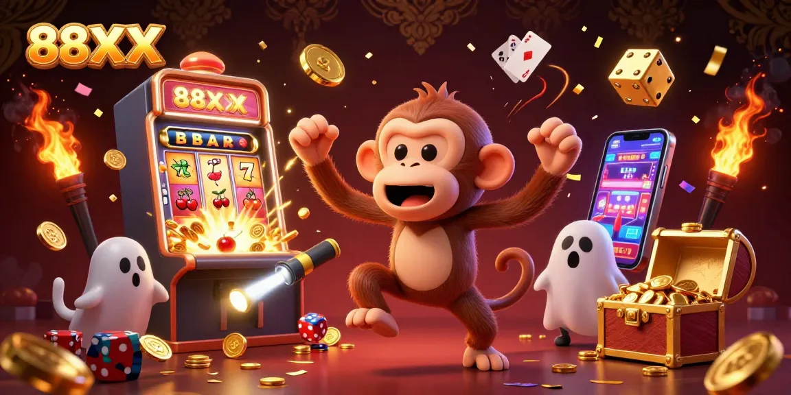Join the fun with 88XX as golden coins and light explode in a thrilling casino illustration.