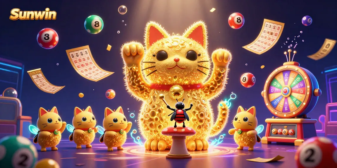 Experience thrilling gaming excitement with Sunwin's animated lucky cat and vibrant lottery elements.