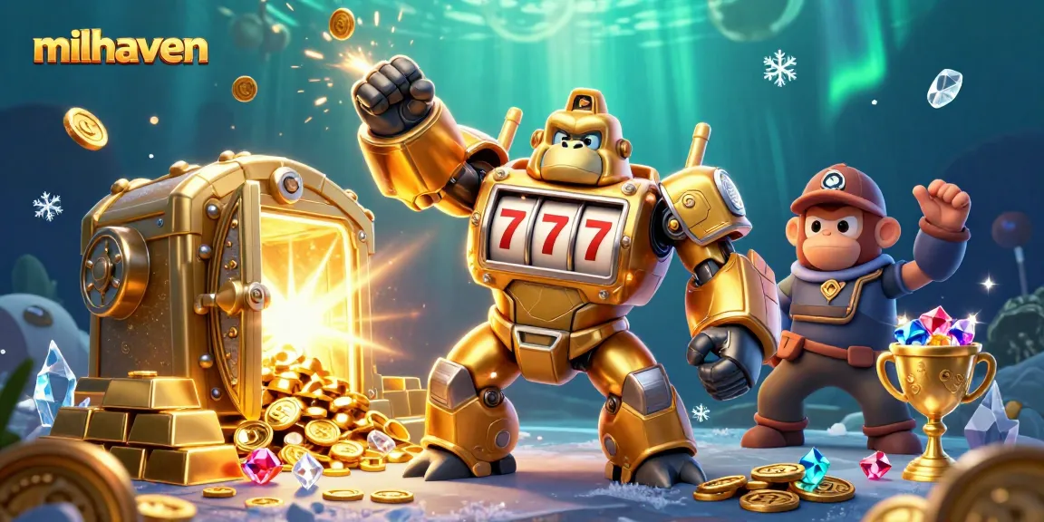 Spin to win at milhaven with a golden gorilla mech and treasure bursting from its vault!