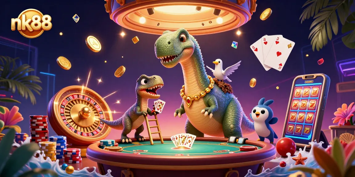 Experience thrilling gameplay at nk88 with a gigantic brontosaurus overseeing the poker table.