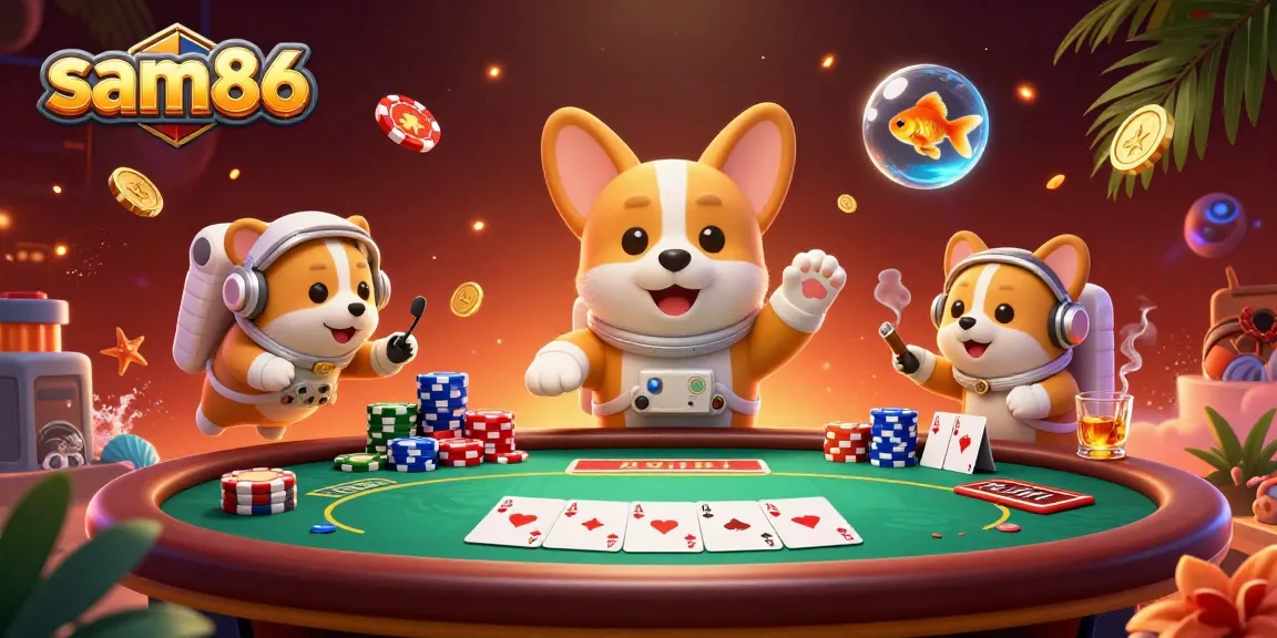 Experience exciting gaming at sam86 with drifting poker chips, floating astronauts, and dynamic casino elements